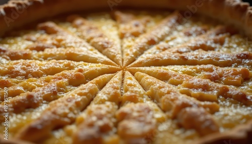Detail View of a Freshly Baked Lemon Tart with Perfectly Cut Slices Arranged in a Circular Pattern