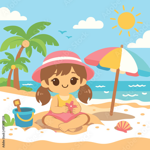 Cute Little Girl Playing on Beach Cartoon Illustration