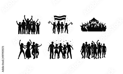 Diverse representations of public celebrations and gatherings with enthusiasm