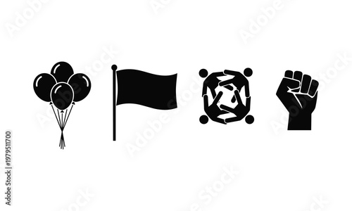 Symbolic icons representing celebration, protest, solidarity, and resistance