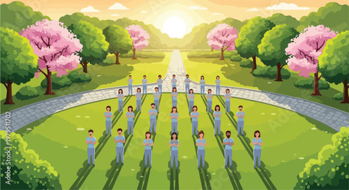 Spring landscape vector with group of people in a park, sunny garden with blooming cherry blossom trees, community gathering in nature