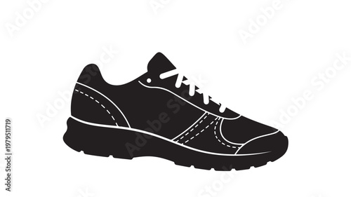 Black running shoe with white stripes vector illustration flat design sportswear