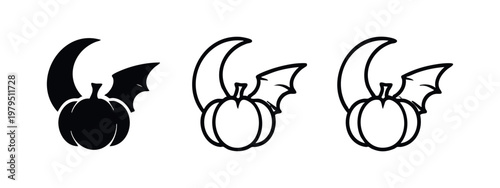 Halloween Pumpkin with Bat Wing and Crescent Moon Icon Set
