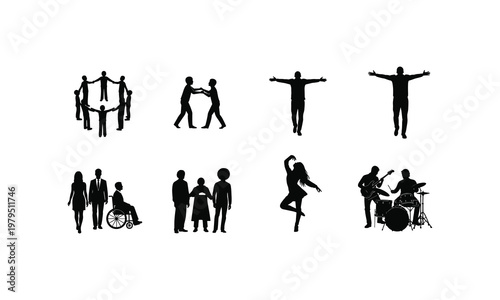 Diverse illustrations of human interactions and activities in silhouette form