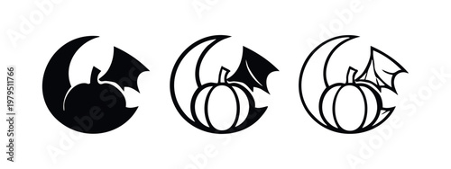 Creative Halloween Pumpkin Bat and Moon Logo Icons Set