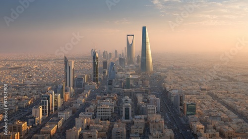 Aerial view of Riyadh Saudi Arabia cityscape during sunset with skyscraper buildings
