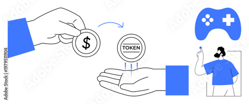 Cryptocurrency, gaming, token trading, digital payments, blockchain, virtual economy. A hand holding a coin, exchanging it for a token with gaming and human interaction symbols. Cryptocurrency
