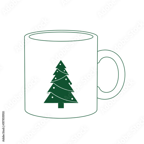 Mug featuring a green Christmas tree design on the white ceramic surface provides a festive holiday drink vessel for seasonal office gifting or warm winter cocoa breaks.
