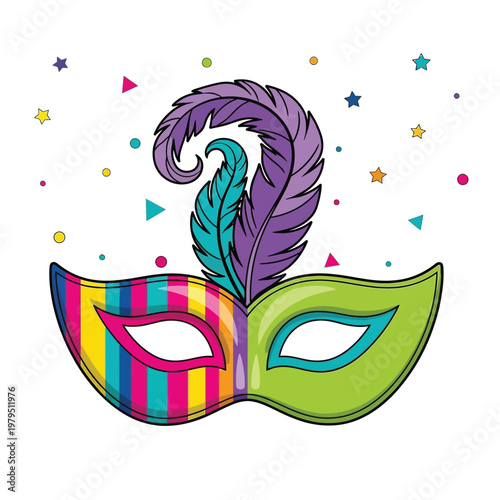 Mask decorated with colorful feathers and bright stripes brings a festive spirit to the carnival parade while hiding the wearer behind a vibrant and artistic masquerade.
