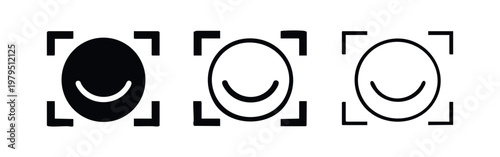 Face recognition icon with smiling face in solid, outlined, and line styles