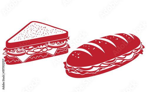 Red sandwich and sub sandwich on white background, food meal