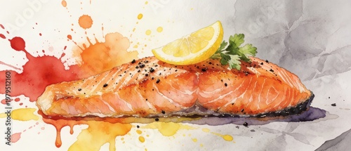 Freshly Sliced Salmon Fillet with Lemon and Herbs in Vibrant Watercolor Style