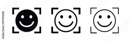 Smiling face icon variations: solid, outline with details, and outline for happiness