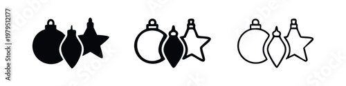 Christmas ornament icons: solid, outline with detail, and outline of baubles