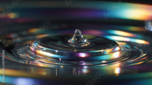 Drop falling into water with rainbow-like ripples and reflections