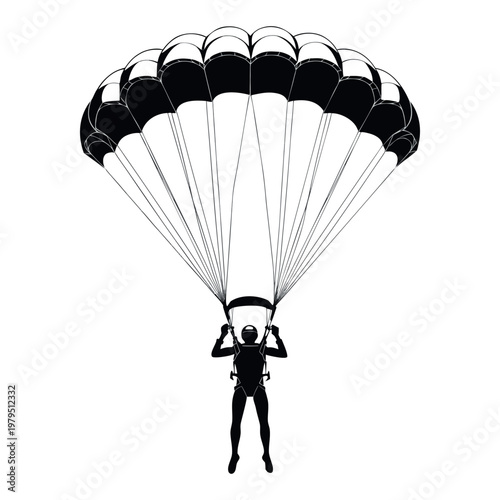 A minimalist paraglider silhouette flies through a black sky in this extreme sport vector illustration capturing the adventure of a high altitude jump and landing.