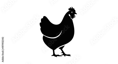 Black Silhouette of a Chicken Standing Isolated on White Background