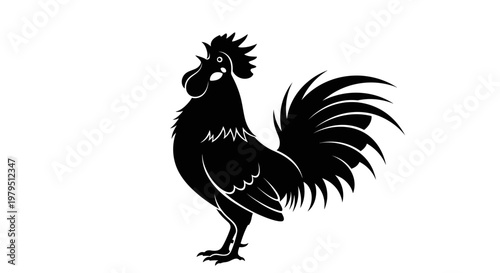 Black Silhouette Rooster Crowing on White Background