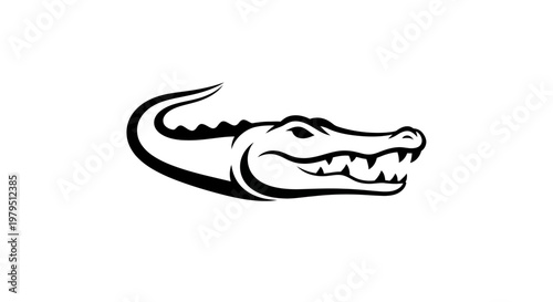 Stylized Alligator Head Silhouette, Fierce Reptile Icon, Black and White Vector
