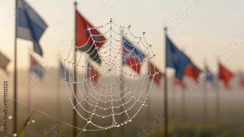 Delicate Spiderweb with Dew Glistening in Morning Light Against a Backdrop of Colorful Flags