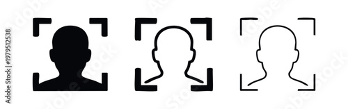 Face Recognition Icons: Solid, Outline with Fill, and Outline