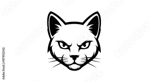 Fierce Black Cat Head Silhouette, Stylized Portrait, Black and White Vector Art
