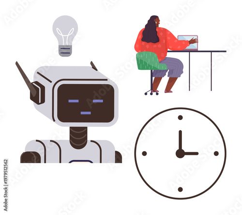Artificial intelligence, productivity, time management, remote work, technology, innovation. Robot with light bulb, person at laptop clock symbol. AI and productivity concept