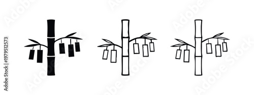 Bamboo and Tanzaku Icons: Solid, Outline with Fill, and Outline