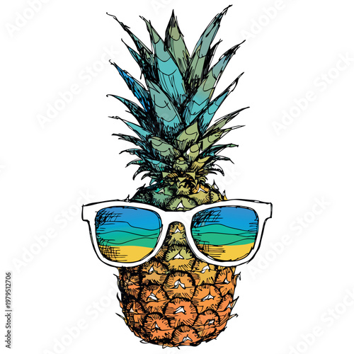 Isolated ripe pineapple and a glass of fresh organic juice on a white background create a healthy tropical dessert featuring juicy yellow fruit and green leaves for a natural raw food diet.
