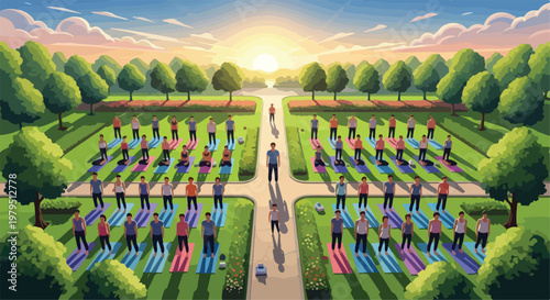 Outdoor yoga class in a sunny park, group of people practicing yoga on mats at sunrise, morning fitness and wellness session in nature