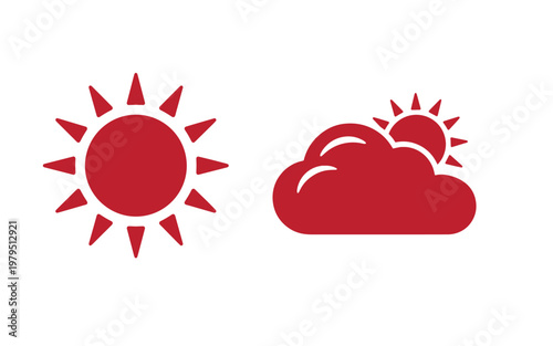 Red sun and cloud weather sunny and partly cloudy symbols sun cloud weather symbols red flat white background