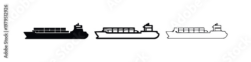 Cargo Ship Icons: Side View, Solid, Outline, and Drawn
