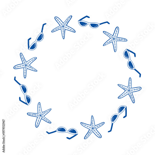 Summer beach wreath frame with blue line art starfish and sunglasses, round vector border for vacation card, logo and tropical design