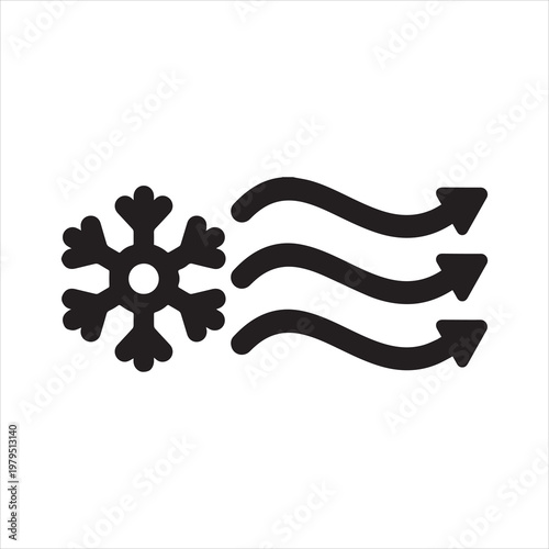 Simple black and white icon of a snowflake representing cold air flowing with arrows