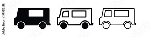 Three van icons in black, outline, and detailed styles.