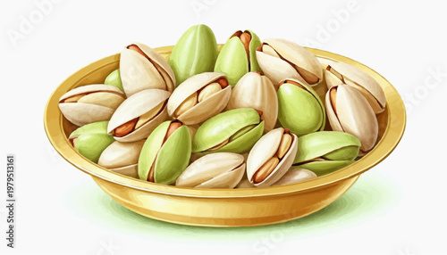 Colorful pistachio nuts in a golden plate, clean vector style, green and golden shells, isolated on white background   