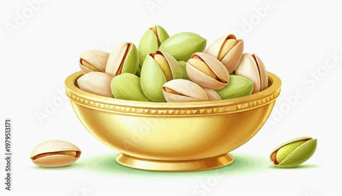 Colorful pistachio nuts in a golden plate, clean vector style, green and golden shells, isolated on white background   