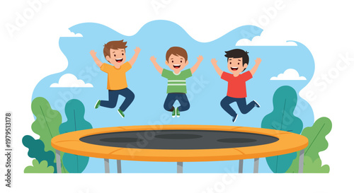 Group of three happy young boys jumping and having fun on a large trampoline in a park against a bright blue sky with white clouds.