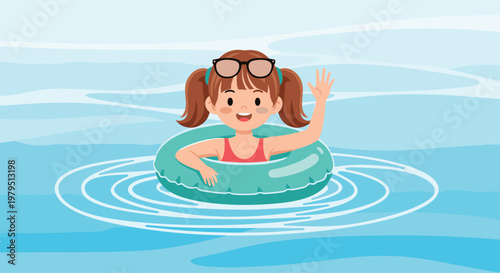 Happy young girl with pigtails wearing a red swimsuit and sunglasses floating on a blue inner tube in calm water while waving her hand.