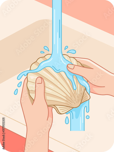 Hands washing a scallop under running water, demonstrating the careful cleaning process required for preparing fresh seafood