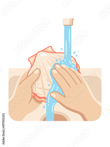 Hands washing a scallop under running water, demonstrating the careful cleaning process required for preparing fresh seafood