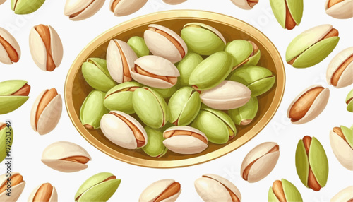 Colorful pistachio nuts in a golden plate, clean vector style, green and golden shells, isolated on white background   