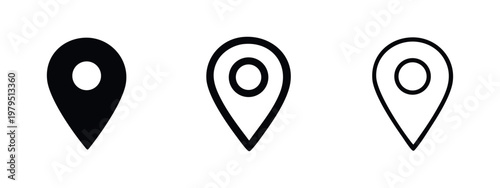 Three location pin icons in black, outline, and detailed styles.