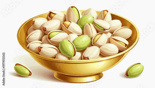 Colorful pistachio nuts in a golden plate, clean vector style, green and golden shells, isolated on white background   