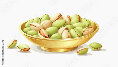 Colorful pistachio nuts in a golden plate, clean vector style, green and golden shells, isolated on white background   