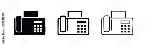 Three fax machine icons in black, outline, and detailed styles.