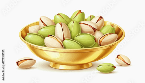 Colorful pistachio nuts in a golden plate, clean vector style, green and golden shells, isolated on white background   