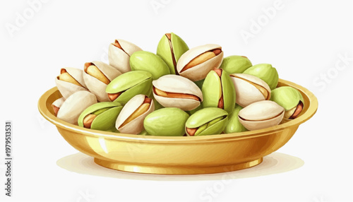 Colorful pistachio nuts in a golden plate, clean vector style, green and golden shells, isolated on white background   