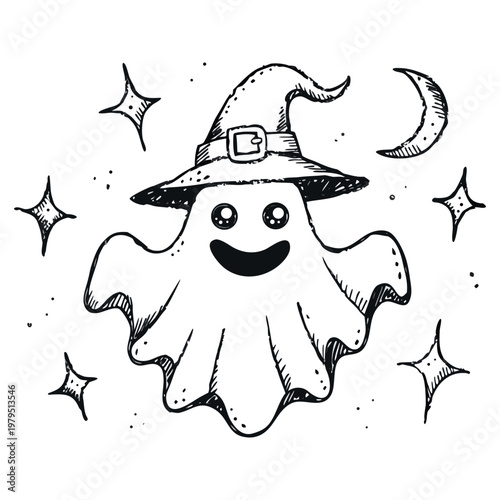 A cute cartoon vector illustration of a happy halloween witch with a pumpkin head and a funny farm cow character in a festive nature design.