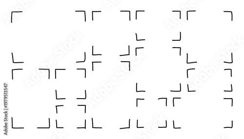 Set of hand drawn corner frame elements in a minimal sketch style, featuring simple bracket shapes for crop marks, focus frames, and design overlays, ideal for layouts and UI compositions. Vector